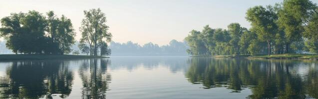 Calm river water reflects trees under soft morning light photo