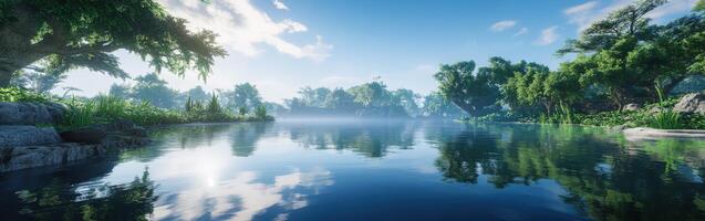 Calm river waters reflect trees under a clear blue sky photo