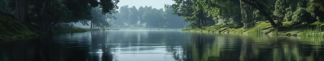 Calm river water reflecting lush greenery in serene environment photo