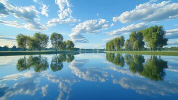 Tranquil river water reflects sky and trees on a sunny day photo