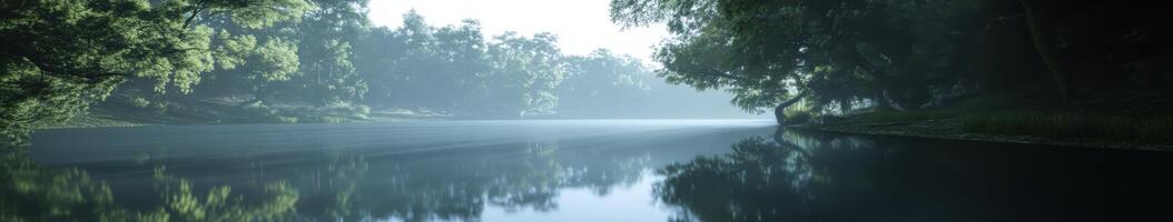 Tranquil river water reflecting the morning light in serene nature photo