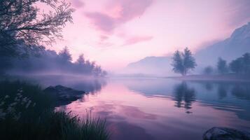 Serene river landscape at dawn with mist and reflections photo