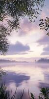 Calm river at dawn with soft colors and serene reflections photo