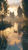 Calm river waters reflecting the golden sunset in a serene landscape photo
