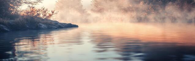 Misty river water reflecting morning light in a serene landscape photo