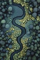 Winding river surrounded by lush vegetation in vibrant colors photo