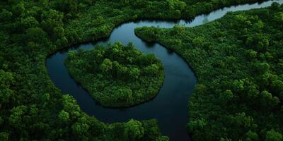 Winding river flows through lush green landscape in daylight photo