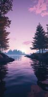 A purple sunset over a lake with trees photo
