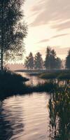 Calm river water reflecting trees under a serene morning sky photo