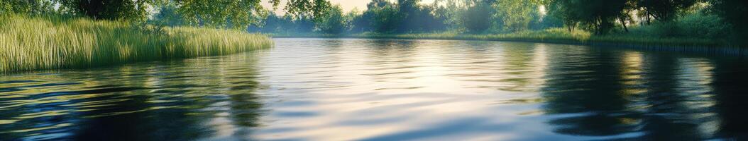 Calm river water reflecting trees during early morning light photo