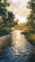 Serene river flows gently through lush green landscape at sunset photo