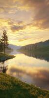 Tranquil river landscape at sunrise with vibrant reflections photo