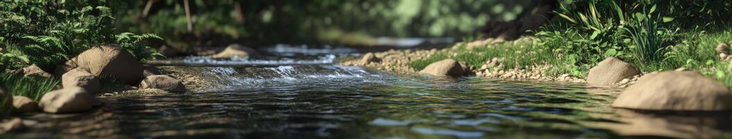 Tranquil river water flows gently over smooth stones in nature photo