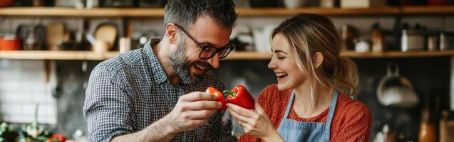 Couple enjoys cooking together while preparing fresh vegetables photo