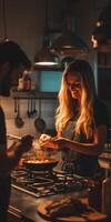 Cooking dinner together in a cozy kitchen during evening hours photo