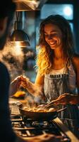 Cooking delicious meal together in the kitchen during evening hours photo