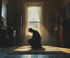 Man kneeling in a sunlit room reflecting on a quiet moment photo
