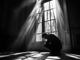 Despair captured in a dim room with rays of light streaming in photo