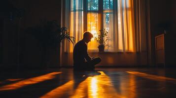 Meditative reflection at sunset in a serene indoor space photo