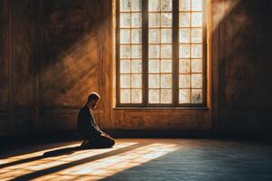 Man kneeling in prayer by a large sunlit window in an old room photo