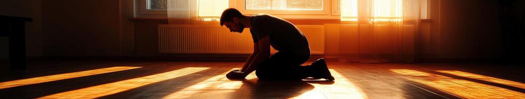 Man kneeling in prayer with sunlight streaming through window photo