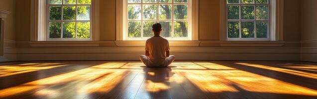 Meditation practice in a sunlit room with large windows photo