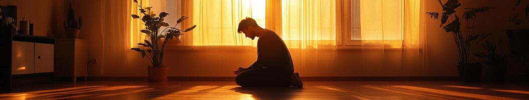 Meditative pose at sunset with soft light in a cozy room photo