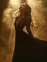 Elegant woman in flowing gown surrounded by golden mist photo
