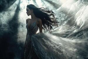 Elegant woman in sparkling gown surrounded by ethereal mist photo