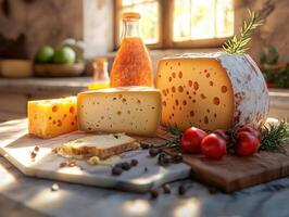 Delicious assorted cheeses with fresh cherry tomatoes on display photo
