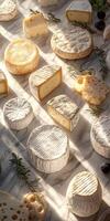 Variety of artisan cheeses arranged on a marble countertop photo