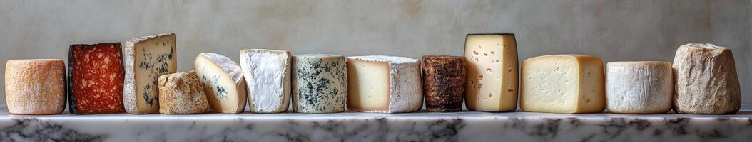 Selection of artisanal cheeses displayed on a marble countertop photo