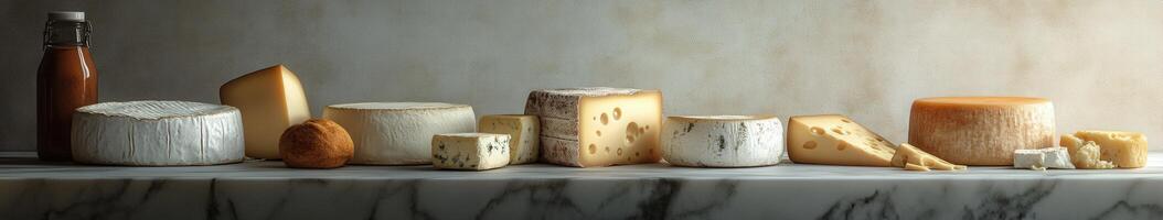 Cheese selection displayed on marble counter at gourmet market photo