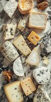 Variety of artisanal cheeses displayed on marble surface photo