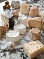 Assorted cheese varieties displayed on a marble countertop photo