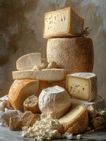 Cheese display with assorted varieties arranged artistically photo