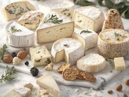 Assorted artisanal cheeses arranged beautifully on a platter photo