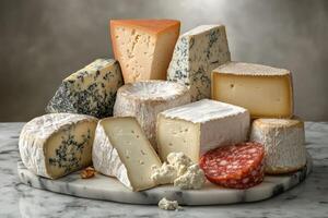 Assorted cheeses and salami arranged on a marble platter photo