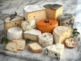 Variety of artisanal cheeses arranged on a marble platter photo