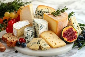 Cheese platter featuring various cheeses and fresh fruits on marble photo