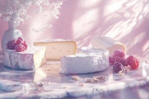 Artisan cheeses displayed on a marble table with fresh raspberries photo