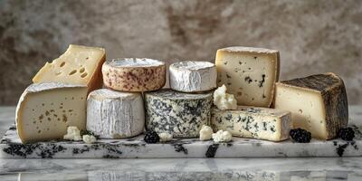 Selection of artisan cheeses on a marble board with berries photo