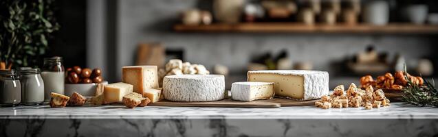 Gourmet cheese selection arranged on a marble counter photo