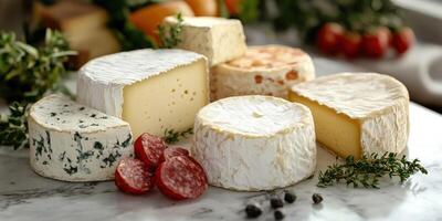Delicious assortment of artisanal cheeses with accompaniments photo