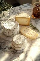 Cheese tasting on a marble counter with herbs and olives photo