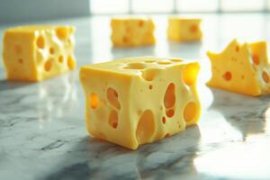 Yellow cheese cubes on a marble surface with soft lighting photo
