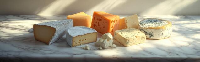 Assorted cheese selection displayed on marble countertop photo