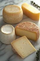 Collection of assorted cheeses arranged on a marble surface photo