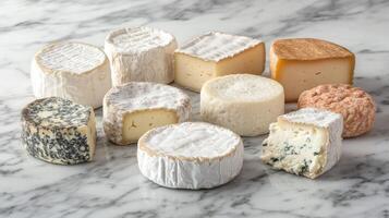 Variety of artisanal cheeses arranged on a marble surface photo