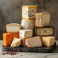 Assorted gourmet cheeses stacked on a slate board photo